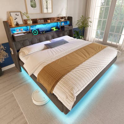 MIVRAY Gestoffeerd Bed 140x200 cm Zonder Matras - Tweepersoonsbed Met LED Verlichting En USB C Oplaadpunt - Met Opbergruimte - Stof - Grijs