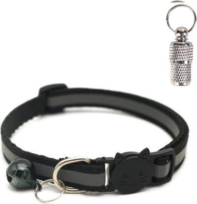 Kattenhalsband met veiligheidssluiting - Inclusief Adreskoker en belletje - Reflecterend - Verstelbaar - 19 / 32 cm - Halsband kat - Kattenbandje - Cat - Kitten - Katten halsband - Zwart