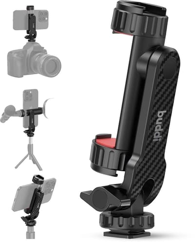 Buddi Universele Telefoon Houder voor Camera - 360º Draaibaar - Met Cold Shoe Mount - 1/4 Inch Schroefaansluiting - Geschikt voor Statief, Camera, Gimbals, Selfie Stick en meer - Zwart
