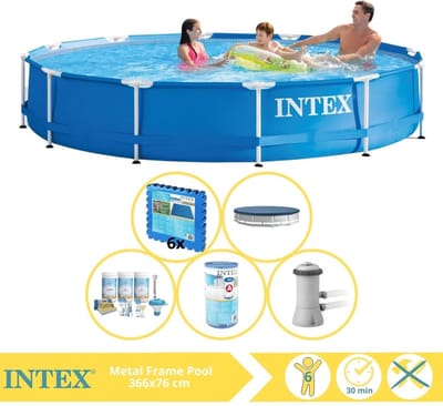 Intex Rond Frame Zwembad - 366 x 76 cm - Blauw - Inclusief Afdekzeil - Onderhoudspakket - Zwembadfilterpomp - Filter - Vloertegels - 6-delig