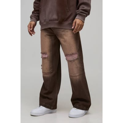Wijde Pijpen Gewassen Gescheurde Timmerman Stijve Denim Jeans | Brown | Size 28R