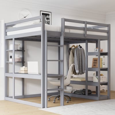 MODENUIT Hoogslaper 140x200 cm – Zonder matras – Met bureau en kledingrek – Planken onder bed – Massief hout – Grijs