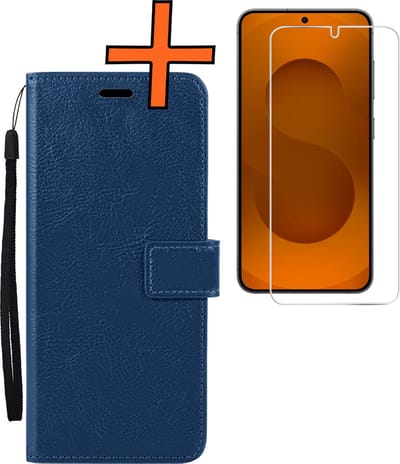 Hoes - Met Screenprotector - Geschikt voor Samsung Galaxy S25 - Luxe Pasjeshouder - Bookcase Portemonee - Flip Case - Kunstleer Book Case - Flipcase - Book Cover - Walletcase - PortemonneeHoes - Donkerblauw