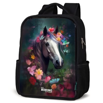 NoBoringSuitcases.com® - Rugzak zwart - Schooltas jongen & meisje - Paard - Wit - Kleurrijk - Bloemen - Rugtas voor school - Boekentas kind - Schoolrugzak - Kinderrugzak