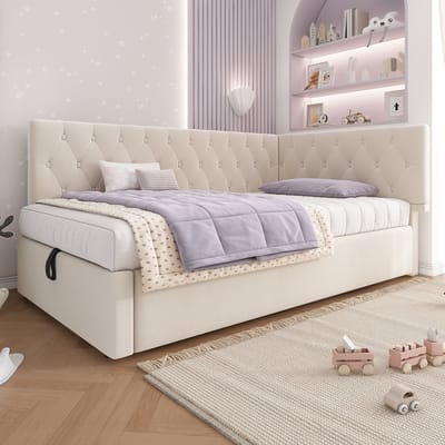 Fluwelen bed - slaapbank 90x190 cm - met opbergruimte - kinderbed - beige - zonder matras