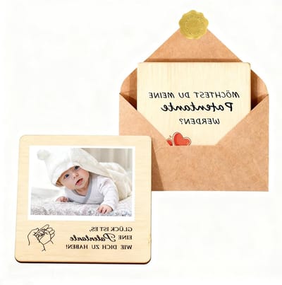 Houten vragenkaarten met envelop en zegel - Word mijn peetouder - Christening vragen cadeau set van lindehout - Emotionele verrassing voor aanstaande peettante