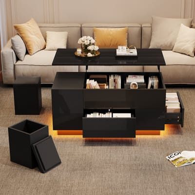 Salontafel - 100 x 50 x 45 cm - 4-in-1 Verstelbare Salontafel met LED en Laden - MDF - Zwart