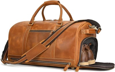 Heren Leren Weekendtas, Vintage Reisbagage voor Handbagage, Echt Koeienleer, Retro Sporttas voor Weekenduitstapjes, Lichtbruin