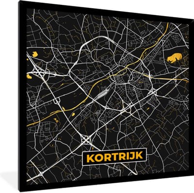 Fotolijst incl. Poster - Kortrijk - Goud - Stadskaart - Plattegrond - Kaart - 40x40 cm - Posterlijst