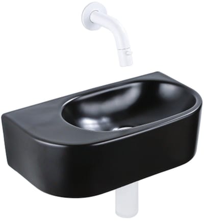 QeramiQ Fuente Fonteinset - 40x21.5x12cm - glad - halfrond - keramiek - fonteinkraan wit mat - afvoerplug - verlaagd sifon - zwart mat