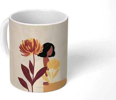Mok - Koffiemok - Vrouw - Minimalistisch - Bloem - Mokken - 350 ML - Beker - Koffiemokken - Theemok