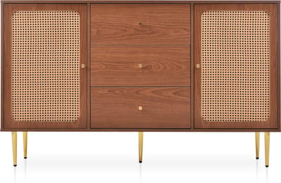 Merax Commode met 2 Deuren en 3 Lades - Rattan Dressoir met Schuifladen en Verstelbare Plank - Walnoot Bruin