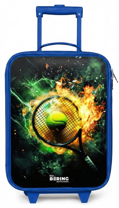 NoBoringSuitcases.com® - Kinderkoffer blauw - Kindertrolley jongen - Tennisbal in vlammen bij krachtige smash - Koffer kind lichtgewicht - Reiskoffer trolley voor kinderen - Koffertje met lichtgevende wieltjes - Rolkoffer