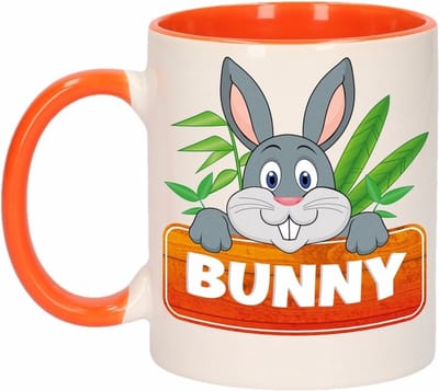 Bunny mok - oranje/wit - keramiek - 300 ml - kinder beker konijn