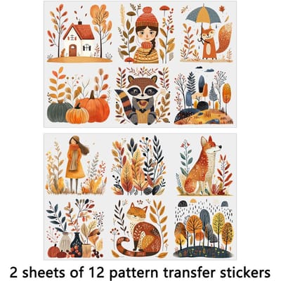 2 Stuks Herfst Pompoen Volkskunst Scandinavisch Diy Uv Dtf Wrijf-Op Transferstickers Ambachtelijk Glas Mok Beker Wraps Junk Journal Huisdecoratie lichtgrijze kleur