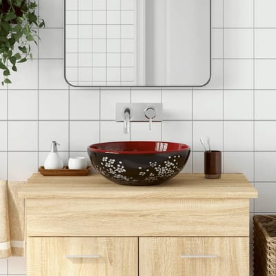 vidaXL - Opzetwasbak - rond - Φ41x14 - cm - keramiek - zwart - en - rood
