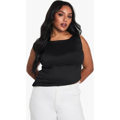 boohoo Dames Plus Knoop Schouder Asymmetrische Top | Zwart | Maat: 50