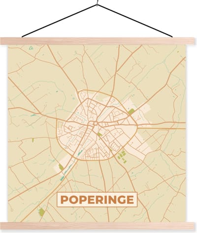 Posterhanger incl. Poster 40x40 cm - Schoolplaat - Kaart - Stadskaart - Plattegrond - België - Poperinge - Textielposter - Blanke latten - Stadskaart