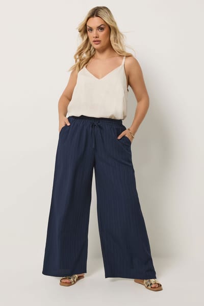 Yours Marineblauwe Getextureerde Broek Met Wijde Pijpen Size 44