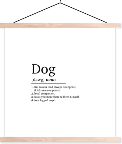 Posterhanger incl. Poster 40x40 cm - Schoolplaat - Spreuken - Dog - Woordenboek - Hond definitie - Dieren - Quotes - Textielposter - Blanke latten