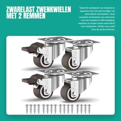 Dailygoods- Zwenkwielen Zwarelast met 2 Remmen - Zwenkwielen Set van 4 - Rubberen Meubelwielen - Vloervriendelijk - Tot 40KG - 25mm Diameter