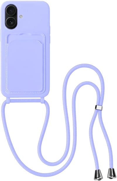 Hoes Geschikt voor iPhone 16 Plus Hoesje Pas Houder Case Hoes Met Koord - Hoesje Geschikt voor iPhone 16 Plus Hoes Met Telefoonkoord Pasjeshouder Cover - Lila