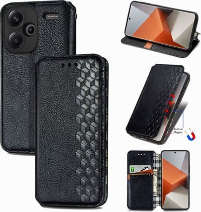 Luxe PU Lederen Ruitpatroon Wallet Case + Screenprotector voor Redmi Note 13 Pro Plus 5G _ Zwart