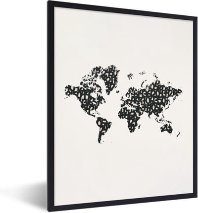 Poster in lijst - Fotolijst 60x80 cm - Posters - Wereldkaart - Cijfer - Zwart - Posterlijst zwart - Decoratie - Wanddecoratie woonkamer - Muurdecoratie slaapkamer