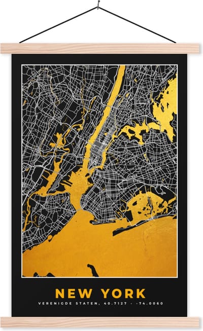Posterhanger incl. Poster 40x60 cm - Schoolplaat - New York - Stadskaart - Goud - Kaart - Plattegrond - Textielposter - Blanke latten - Stadskaart
