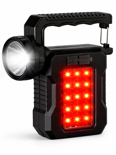HEM Noodlamp met USB-C en Zon-oplaadfunctie – Oplaadbare LED Zaklamp met USB & Solar – Campinglamp met 1 Front-LED + 12 Zij-LED's (6 Rood) – Inclusief HEM Microvezeldoekje