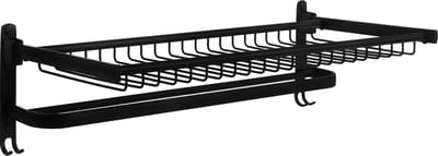 QUVIO Handdoekrek - Met 1 stang + 1 plank + 4 haakjes - Handdoekenrek - Handdoekhouder - Theedoekhouder - Voor aan de wand - Met rekje voor accessoires - Met schroeven - Zwart - Aluminium - 25 x 58 x 17,5 cm