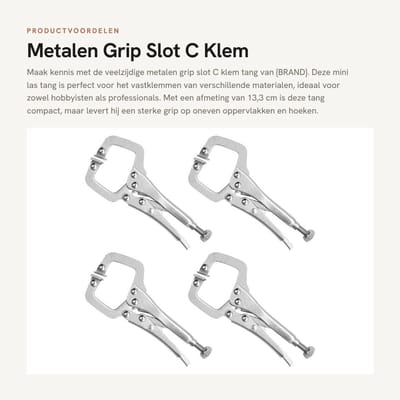 Dailygoods- Klem Tang 13,3 cm - Metalen Grip - Sluit C Klem - 4 Pak - Hitte Behandeld - Aanpasbare Schroef - Swivel Plaatjes