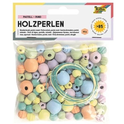 Folia houten parels | pastel | blister van 84 stuks in geassorteerde maten