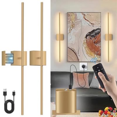 USB Oplaadbare Wandlamp Binnen, Dimbaar Touch Accu Muurlampn met Afstandsbediening, 6000mAh Batterij, Snoerloze LED Wandlamp Nachtlampje, 350° Rotatie 80CM Goud, Woonkamer Slaapkamer Trap, 2 Stuks
