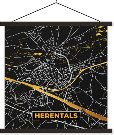 Posterhanger incl. Poster 60x60 cm - Schoolplaat - Plattegrond - Herentals - Stadskaart - Kaart - Goud - Textielposter - Zwarte latten - Stadskaart