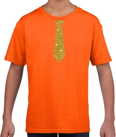 Verkleedkleding t-shirt - oranje - met kleine Stropdas - goud glitters - voor kinderen - carnaval 122/128