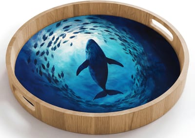 Dienblad rond 40x40 cm - Schootdienblad hout - Walvis - Vissen - Donkerblauw - Borrelplank rechthoek - Plateau houten dienbladen