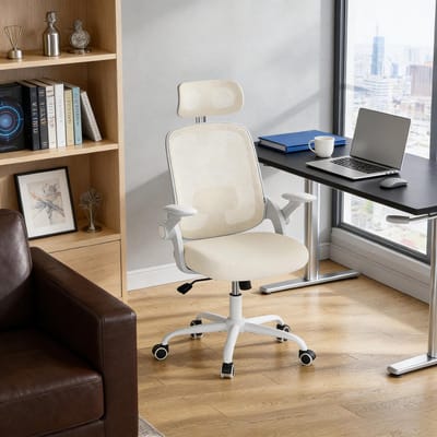 OKWISH Bureaustoel Met Hoge Rug - Ergonomisch Met Verstelbare Hoofdsteun, Armleuningen En Lendensteun - Voor Kantoor - Beige