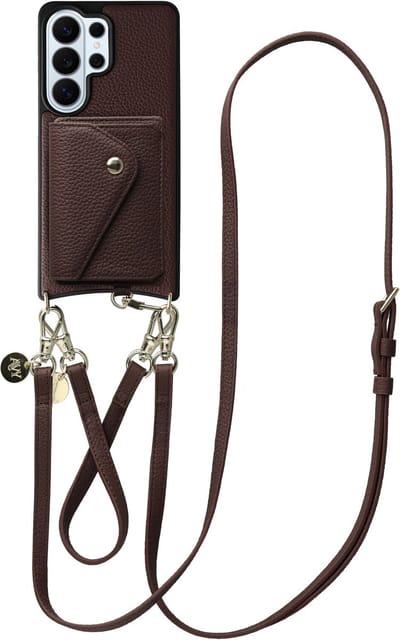 AVY Leren Hoesje geschikt voor Samsung Galaxy S26 Ultra | Met Koord en Magnetische Kaarthouder | Compatibel met MagSafe | Leather Case met 30CM & 130CM Koord & Wallet | Leather Set | Chocolate