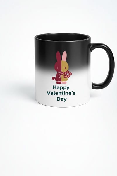 Valentijn Magische Mok met Konijn & 'Happy Valentine's Day' - Hittegevoelige Thermomok Zwart