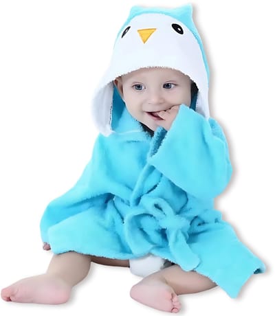 BoefieBoef Vogel Kinder Badjas Baby & Peuter 0-2 Jaar (0-85 cm) – Zacht Katoen Badstof met Dieren Capuchon – Absorberende Ochtendjas Handdoek voor Jongen & Meisje – Zwemles, Carnaval, Verjaardag & Kraamcadeau – Perfect na Bad & Zwemmen - Blauw