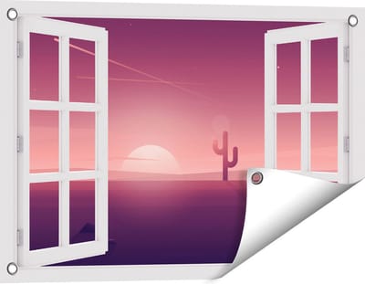 Gards Tuinposter Doorkijk Zonsondergang in de Woestijn met een Cactus - 60x40 cm - Tuindoek - Tuindecoratie - Wanddecoratie buiten - Tuinschilderij