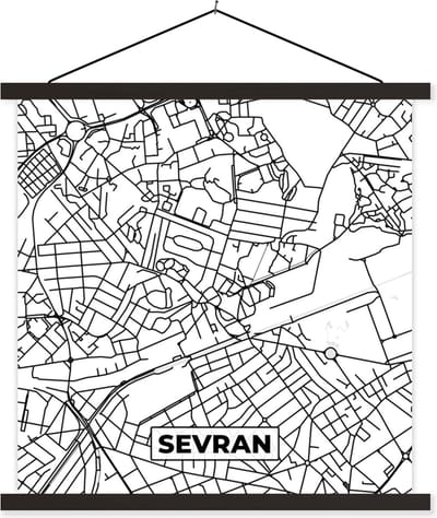 Posterhanger incl. Poster 60x60 cm - Schoolplaat - Plattegrond - Kaart - Frankrijk - Stadskaart - Sevran - Zwart wit - Textielposter - Zwarte latten - Stadskaart