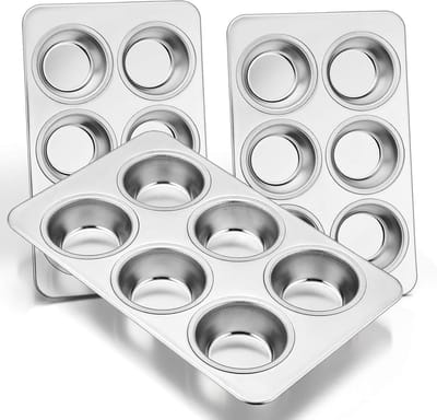 Muffin Pan Set - Bakvorm Cupcakes - Koekjes Bakken - Roestvrij Staal - 3 Stuks 6 Koppen - Zilver