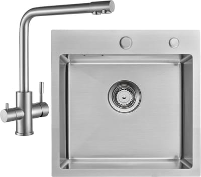 Auralum max Spoelbak Met Kraangat - Spoelbak Keuken Met 3 Wege Keukenkraan - Spoelbakken Keuken - Keuken Gootsteen 45 x 45 cm - Keuken Gootsteen met Sifon en Afvoerzeefje - Zilver