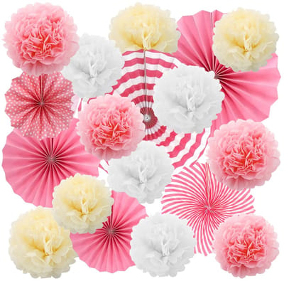 18 stuks roze papieren feestdecoraties, papieren pompons decoraties, papieren waaiers, pompons bruiloftsfeest voor festival, carnaval, verjaardagsdecoratie