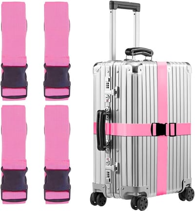 Set van 4 Verstelbare Bagagestraps voor Koffers - Dikke, Verstevigde en Duurzame Reisriemen in Roze voor Veilig Transport