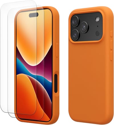 kwmobile hoes met 2x screenprotectors voor Apple iPhone 18 Pro / iPhone 17 Pro – screenprotector van gehard glas – draadloos opladen – fruitig oranje