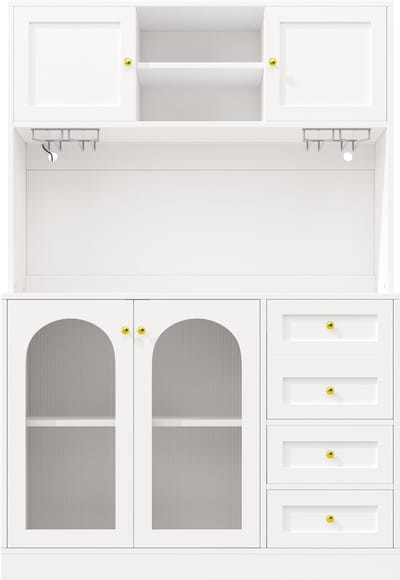 Sideboard / Opbergkast / Keukenkast / Buffetkast, 120x40x188cm, Landelijke stijl, 4 deuren, met LED-verlichting & flessenhouders, Wit