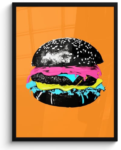 Poster in lijst - Fotolijst 60x80 cm - Posters - Hamburger - Oranje - Neon - popart - Posterlijst zwart - Decoratie - Wanddecoratie woonkamer - Muurdecoratie slaapkamer